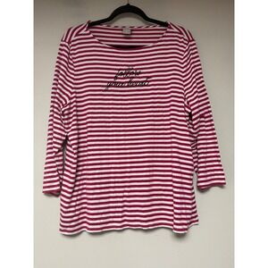 Chico's Striped Top Womens 2 L Red White Excellent Follow Your Heart 3/4 Sleeve